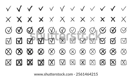 Check marks hand drawn doodle set. tick, cross signs for checkbox, checklist, v and x in sketch set. Vector illustration