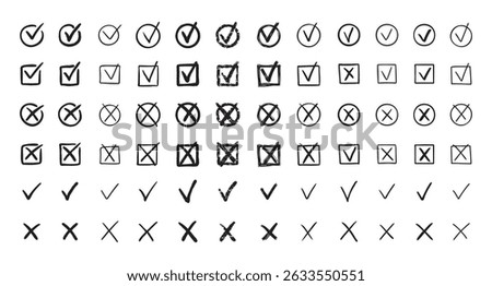 Check marks hand drawn doodle set. tick, cross signs for checkbox, checklist, v and x in sketch set. Vector illustration