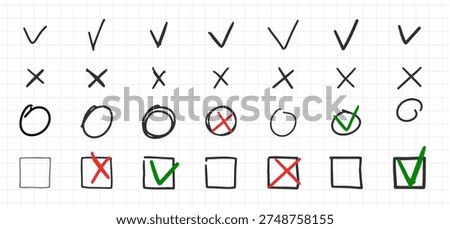 Check marks hand drawn doodle vector set. Handwriting charcoal pencil correct or incorrect symbols. Doodle vote strokes marks for check list items. 