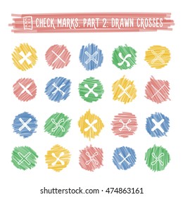 Check marks hand drawn sketch in highlighter circles. Doodle white drawing of approval icons of ticks on isolated green, red, etc. marker texturing spots. Vector No signs and checklist icon.
