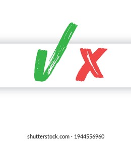 Marcar el estilo dibujado a mano. Green Tick y x roja. Símbolos del voto de aprobación.