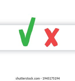Marcar el estilo dibujado a mano. Green Tick y x roja. Símbolos del voto de aprobación.