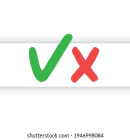 Marcar el estilo dibujado a mano. Green Tick y x roja. Símbolos del voto de aprobación.