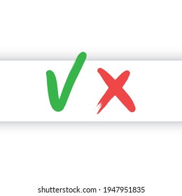 Marcar el estilo dibujado a mano. Green Tick y x roja. Símbolos del voto de aprobación.