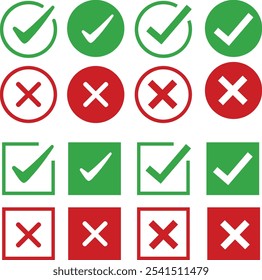 Check marks icon button set. Check box icon with right and wrong buttons,  yes or no checkmark icons in green tick box and red cross. Checkmark symbol, right and wrong, confirm and deny 