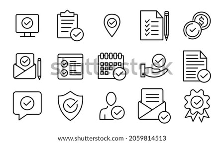 Check marks icon. Collection of graphic elements for websites. Page security check, verification. Document evaluation, done, successful. Cartoon flat vector illustration isolated on white background