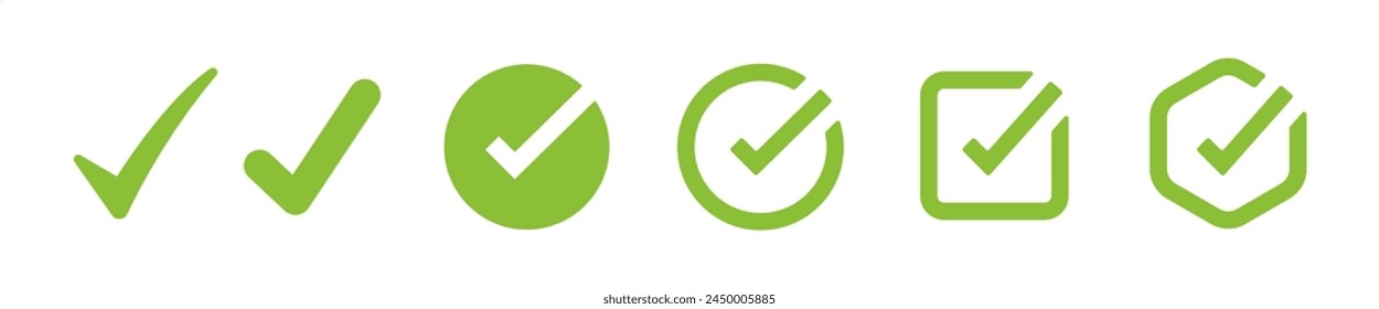 The check marks icon set. It includes approved, yes, right, accept, green, and more icons. Vector illustration sign.