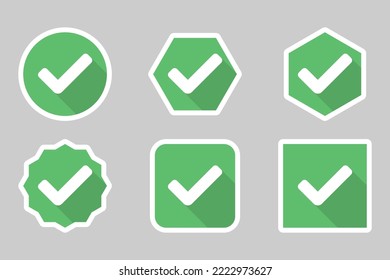 Marcas de verificación Conjunto de iconos, Marcas de marca, Aceptadas, Aprobadas, Sí, Correctas, Correctas, Opciones Derechas, Finalización de tareas, Votación. - símbolos de marca vectorial en verde. Diseño de trazo blanco.