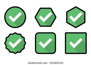 Check marks Icon Set, Tick marks, Accepted, Approved, Yes, Correct, Ok, Right Choices, Task Completion, Voting. - vector mark symbols in green. Black stroke design.
