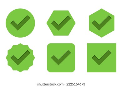 Markieren Sie die Markierungen Symbol Set, Auswahlfelder, Akzeptiert, Genehmigt, Ja, Richtig, OK, Richtige Auswahl, Aufgabenabwicklung, Abstimmung. - Vektormarkensymbole auf Grün.