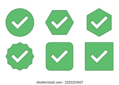 Markieren Sie die Markierungen Symbol Set, Auswahlfelder, Akzeptiert, Genehmigt, Ja, Richtig, OK, Richtige Auswahl, Aufgabenabwicklung, Abstimmung. - Vektormarkensymbole auf Grün.