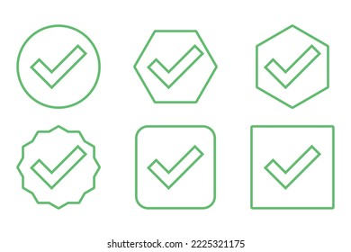 Markieren Sie die Markierungen Symbol Set, Auswahlfelder, Akzeptiert, Genehmigt, Ja, Richtig, OK, Richtige Auswahl, Aufgabenabwicklung, Abstimmung. - Vektormarkensymbole auf Grün.