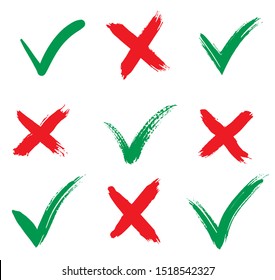Check marks icons. accept and reject. Isolated on white background. Vector Illustration. Hand drawn. Tick and cross brush signs.