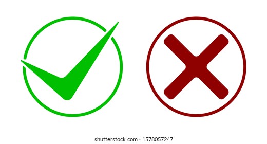 Check marks icons. The green right  and red wrong symbol. The right and wrong symbol inside the circle. Isolated on white background. Vector Illustration