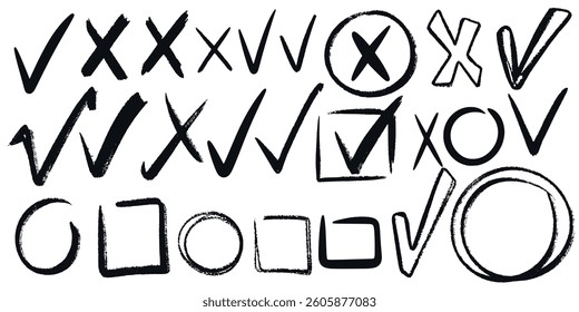 Check marks and labels doodle sketch style set. Hand drawn ink icons for voting, choosing, agreeing or refusing. Vector, graphic elements clip art