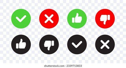 Check marks like and dislike. Green check mark, red cross mark icons. Vector scalable graphics