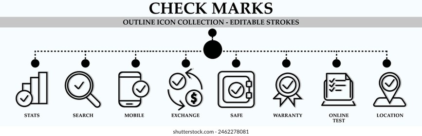 Check marks line icon collection. Containing icons of stats, search, mobile, exchange, safe, warranty and more. Linear icon collection. Editable stroke. Vector illustration