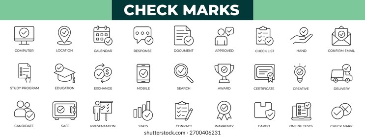 Conjunto de iconos de línea de marcas de verificación: iconos modernos simples: Aprobación, elección, documento, lista de verificación, marca, Casilla de verificación de verificación, aprobación, marca colección de iconos.