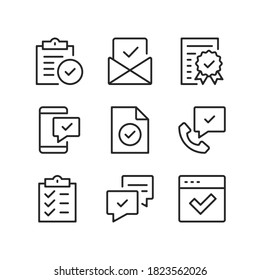 Check marks line icons. Checkmarks, approval, tick, quality control, approve concepts. Simple outline symbols, modern linear graphic elements. Thin line design. Vector icons set