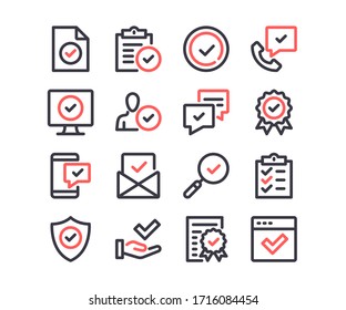 Check marks line icons set. Checkmark, shield and tick, quality control concepts. Modern outline symbols. Simple thin stroke design linear graphic elements. Red and black colors. Vector line icons