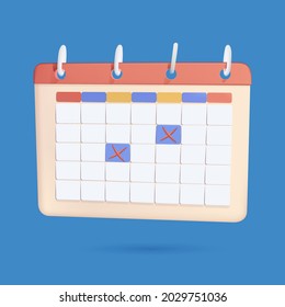 Marcas de verificación en el calendario. Ilustraciones de vectores Web 3D. Icono de calendario. Concepto de planificación. Emprendimiento y planificación de calendario con campaña de cursos. Ilustración vectorial 3D libre de edición