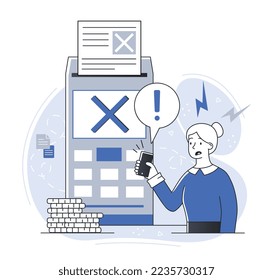 Check marks on screen. Woman looks at report from phone, Modern technologies and digital world, gadgets and devices. Error and failure, technical malfunction. Cartoon flat vector illustration