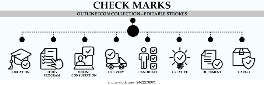 Check marks outline icon collection. Containing icons of education, study program, online consultation, delivery, candidate and more. Linear icon collection. Editable stroke. Vector illustration