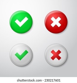 Check marks. Realistic buttons style, with gloss and shadows. Vector