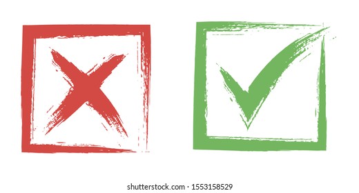 Marcas de verificación, rojo X y verde OK, elementos de señalización de la Cruz de marca. botones vectoriales para el voto, elección electoral, diseño de signos de aprobación. iconos de símbolos, opciones de elección, signos de encuesta.