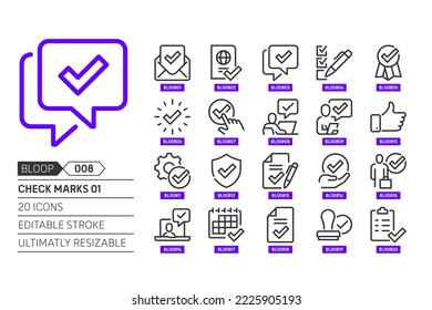 Check marks related, pixel perfect, editable stroke, up scalable, line, vector bloop icon set. 