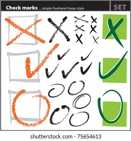 Check marks set (freehand artistic style), painterly handdrawn symbols, vector, isolated