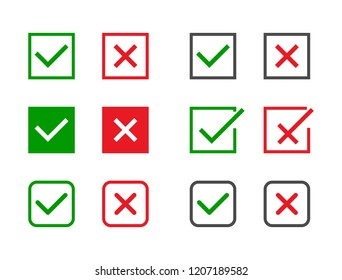 Check marks set. Green tick and red cross in different shapes. YES or NO accept and decline symbol. Vector icons for internet buttons or web page. Vector illustration.