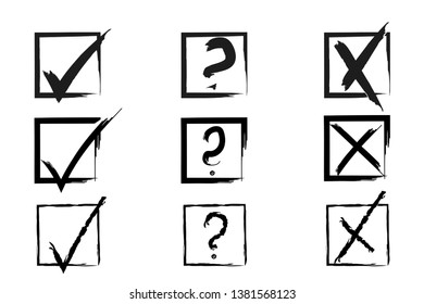 Check marks set. Hand drawn watercolor tick, cross and question icons in square boxes. Black test signs. Approval, rejection and question symbols vector collection