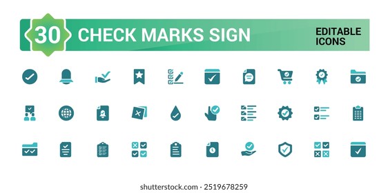 Conjunto de ícones coloridos de sinais de marca de seleção. Contém ícones como confirmar e muito mais. Ícones de glifo de cor definidos para Web e interface do usuário. Ícone sólido definido. Ilustração vetorial.