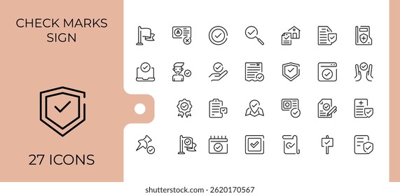 Marcas de verificación icono de signo establecido. Contiene íconos como check, checkmark, Casilla de verificación, confirm, mark y más. Conjunto de iconos modernos de Casilla de verificación. Señales para Web y App móvil.