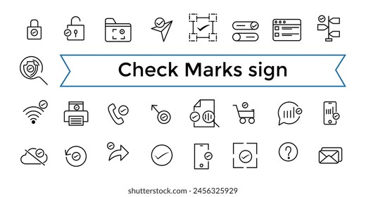 Check Marks sign line web icon set. Contains such Icons as confirm, approved, check list, warranty and more. Outline icons pack. Icon collection. Editable vector icon and illustration.
