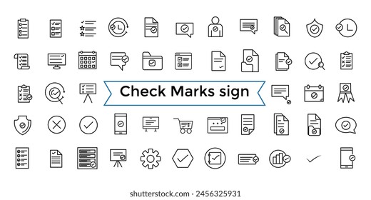Marcas de verificación Web de línea de signo establecido. Contiene iconos como confirmar, aprobado, lista de comprobación, Garantía y más. Paquete de iconos de esquema. Colección de iconos. Icono de Vector editable e ilustración.
