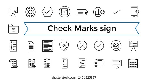 Check Marks sign line web icon set. Contains such Icons as confirm, approved, check list, warranty and more. Outline icons pack. Icon collection. Editable vector icon and illustration.