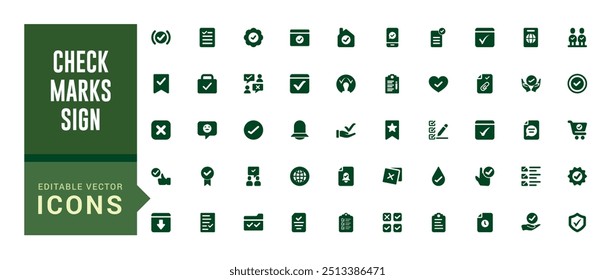 Sinal de marca de seleção - conjunto de ícones da Web. Contém ícones como confirmar e muito mais. Conjunto de ícones preenchido, conjunto de ícones de glifo para Web e interface do usuário. Traçado editável. Ícone sólido definido. Ilustração vetorial.