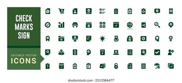 Check marks sign - web icon set. Contains such icons as confirm and more. Filled icon set, glyph icon set for web and ui. Editable stroke. Solid icon set. Vector illustration.