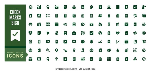 Check marks sign - web icon set. Contains such icons as confirm and more. Filled icon set, glyph icon set for web and ui. Editable stroke. Solid icon set. Vector illustration.