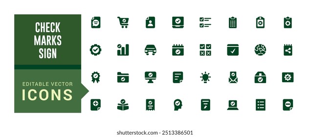 Check marks sign - web icon set. Contains such icons as confirm and more. Filled icon set, glyph icon set for web and ui. Editable stroke. Solid icon set. Vector illustration.