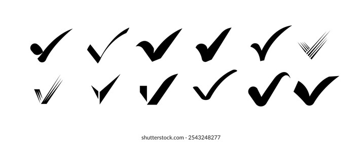 Marca de verificación símbolo colección. Sencilla marca de verificación. Marque los iconos establecidos. Símbolos de la lista de comprobación. Diseño de Vector de comprobación de Aprobación
