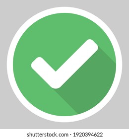 Markierungen, Auswahlfelder, Akzeptiert, Genehmigt, Ja, Richtig, OK, richtige Auswahl, Aufgabenabwicklung, Abstimmung. - Vektormarkensymbole auf Grün. Weißer Hub und Schattendesign. Isolierte Ikone.
