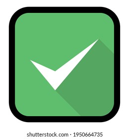 Markierungen, Auswahlfelder, Akzeptiert, Genehmigt, Ja, Richtig, OK, richtige Auswahl, Aufgabenabwicklung, Abstimmung. - Vektormarkensymbole auf Grün. Schwarzer Hub und Schattendesign. Isolierte Ikone.