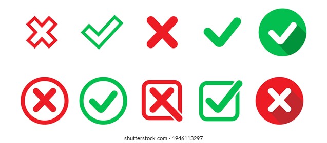 Marcas de verificación, marcas de graduación y señales cruzadas, marca de verificación verde iconos OK y X rojo, botón para votar, decisión
