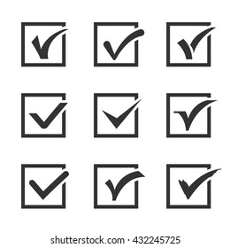 Check marks, ticks in boxes confirmation, positive vector icons. Positive check choice and vote correct positive illustration