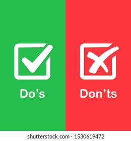  Check marks ui button with dos and donts. Sign post indicating Do's vs Don'ts. Concept of poor or good test result or performance review.