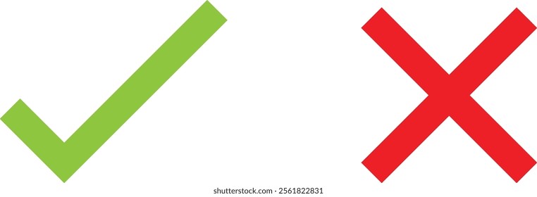 Check marks vector icons. Green check mark, red cross mark icon. Isolated tick symbols, checklist signs, approval badge. Flat and modern checkmark design, vector illustration.