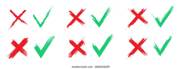 Check Marks vector set. Hand drawn check mark collection. Green tick and red cross in grunge style. Checkmark OK and X icons. Vector template set. Paintbrush graphic design. Grunge symbols 